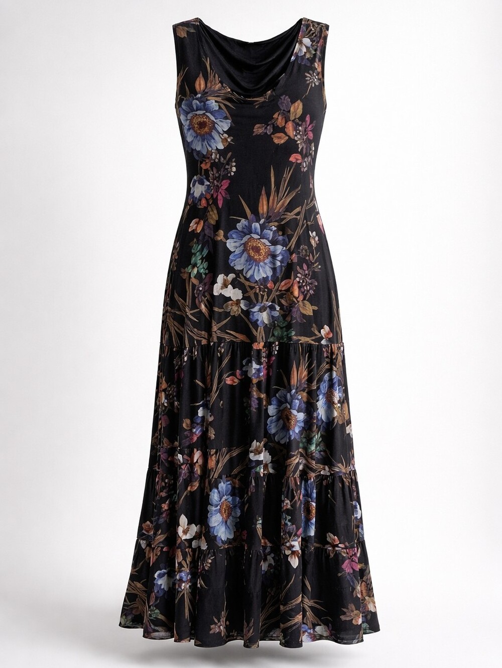 connected apparel Black Floral Sleeveless Maxi Dress with Blue and Teal Accents